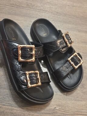 Joie • Black Quilted Leather Double Strap Slide Sandals with Gold Buckles